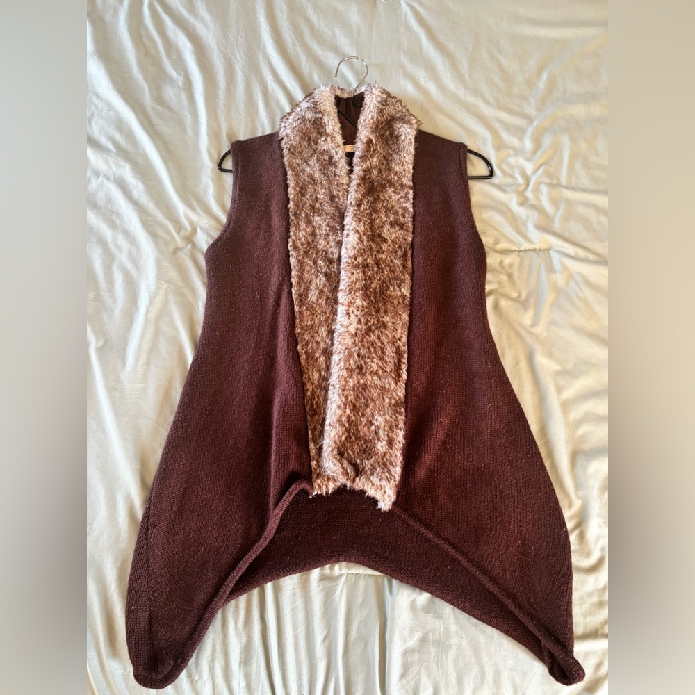 Brown Knit Shrug with Faux Fur Trim